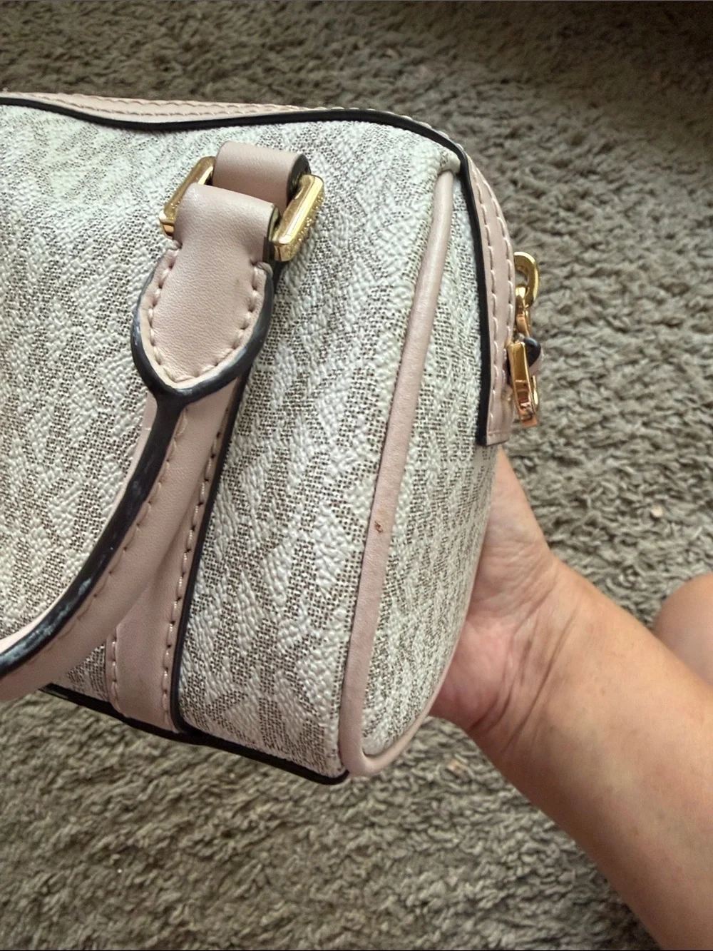 Michael Kors Pink and White Signature Logo Satchel with Gold Hardware